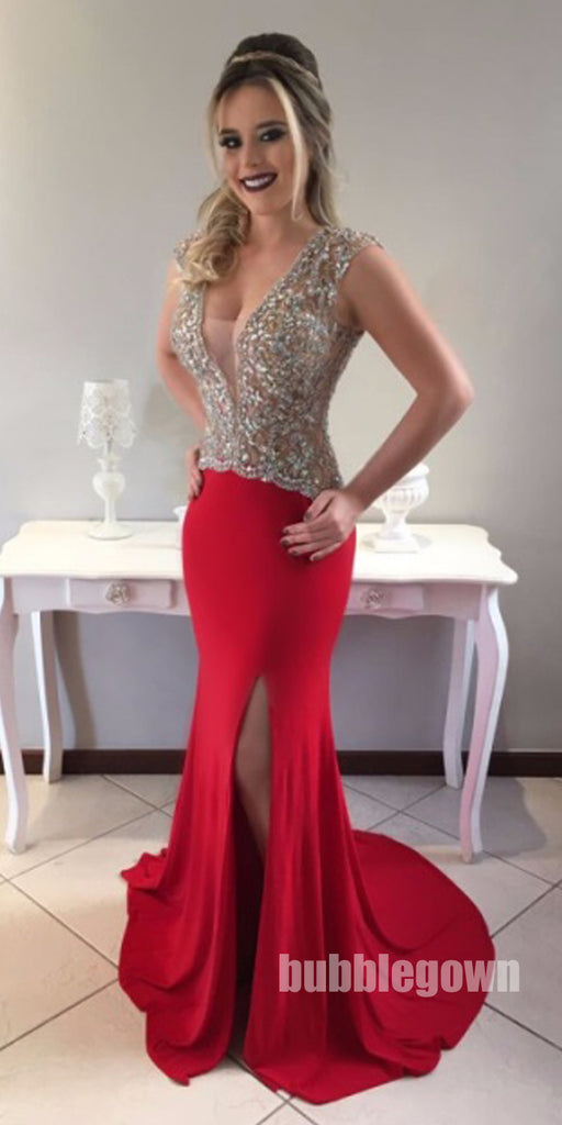 Red Side Split Beaded Top Mermaid Sexy Long Evening Prom Dress, BGP052