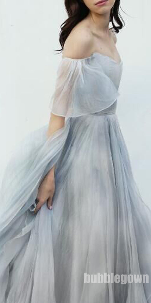 Most Popular Off the Shoulder Short Sleeves Grey Blue Gradient Long Prom Dress, BGP089