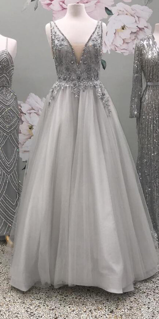 Beaded V Neck Tulle Gray Evening Party Long Prom Dresses, WP014
