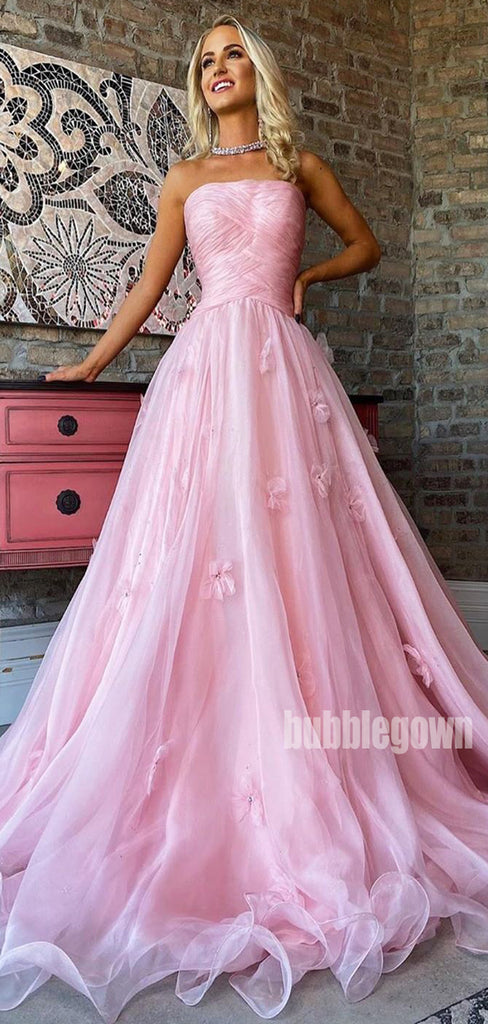 Pink Tulle Straight Neckline Sleeveless Long Prom Dresses FP1170