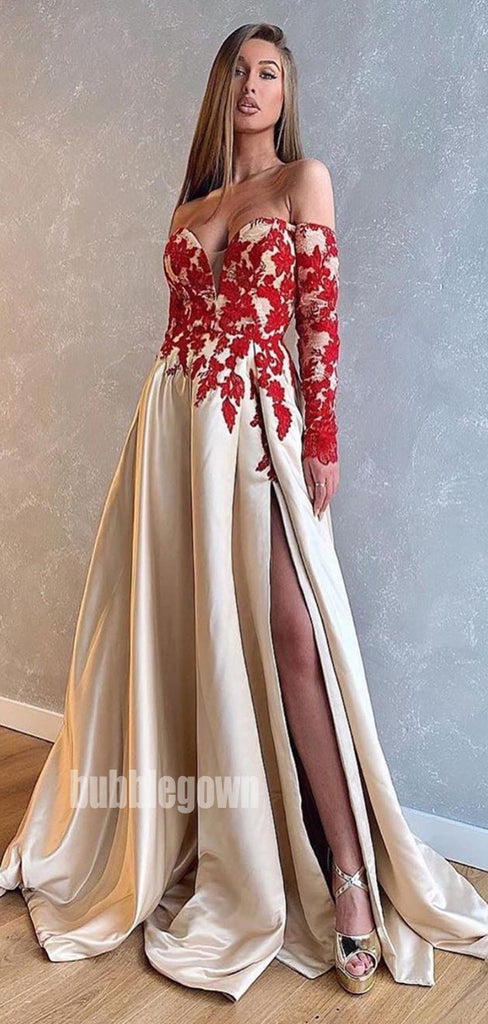 Off the Shoulder Long Sleeves Side Split Long Prom Dresses FP1133