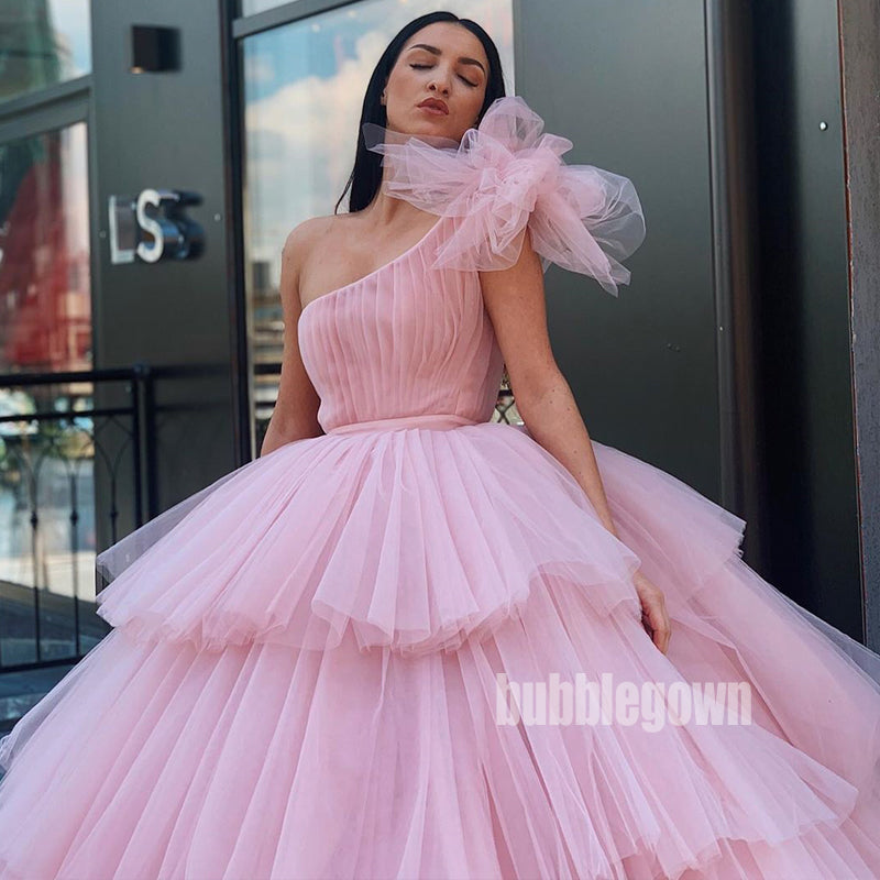 Pink One Shoulder Tulle Long Prom Dresses Ball Gown GDW105