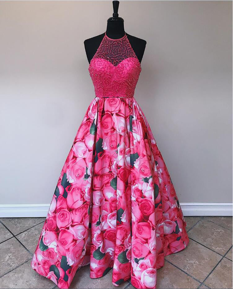 Popular Flowers Halter Beaded Off the Shoulder Long Prom Dresses, WP015