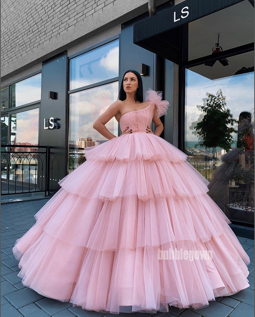 Pink One Shoulder Tulle Long Prom Dresses Ball Gown GDW105