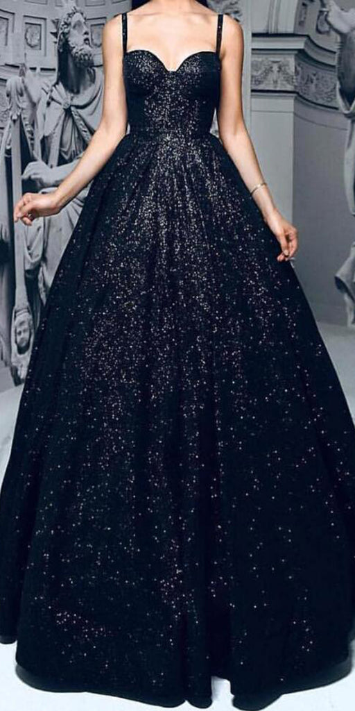 Black Spaghetti Strap Formal Sweetheart Long Prom Dresses, WP016