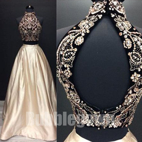 Two Pieces High Neck Beaded Affordable Long Evening Prom Dresses, BGP039