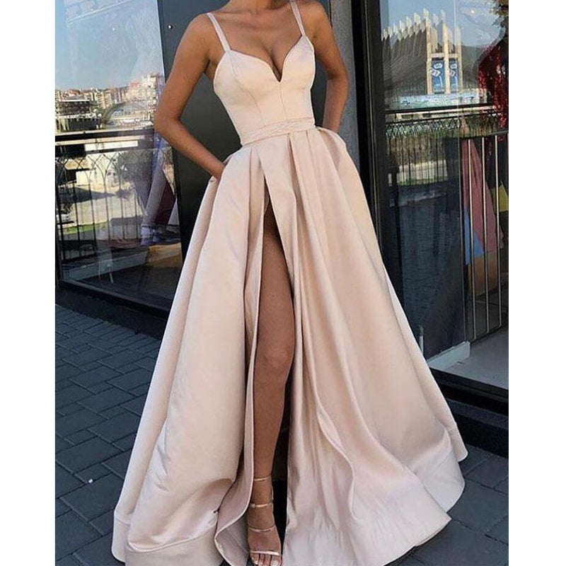 Spaghetti Strap Sweetheart Side Slits A Line Long Prom Dresses, WP009