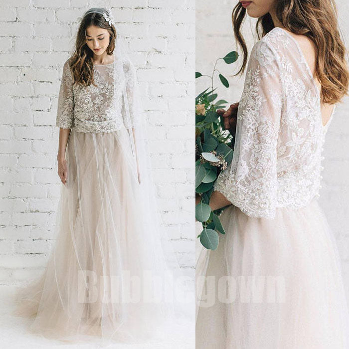 Long Sleeves Two Pieces Unique Inexpensive Lace Long Wedding Prom Dresses, BGP037