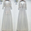 Elegant Long Sleeves Tulle Applique Light Grey Cheap Long Prom Dresses, BGP023