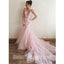 Pink V Neck Applique Tulle V Back Mermaid Inexpensive Long Prom Dress, BGP065