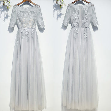 Half Sleeves Tulle Applique Light Grey Cheap On Sale Long Prom Dresses, BGP024 - Bubble Gown