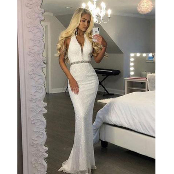 Sexy Halter Mermaid Ivory Sequin Inexpensive Long Prom Dresses, BGP217