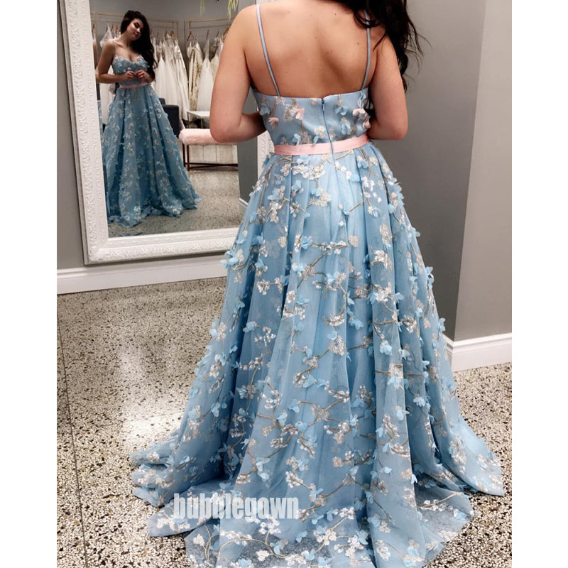 Spaghetti Strap Blue Sweetheart A Line Long Prom Dresses WP038