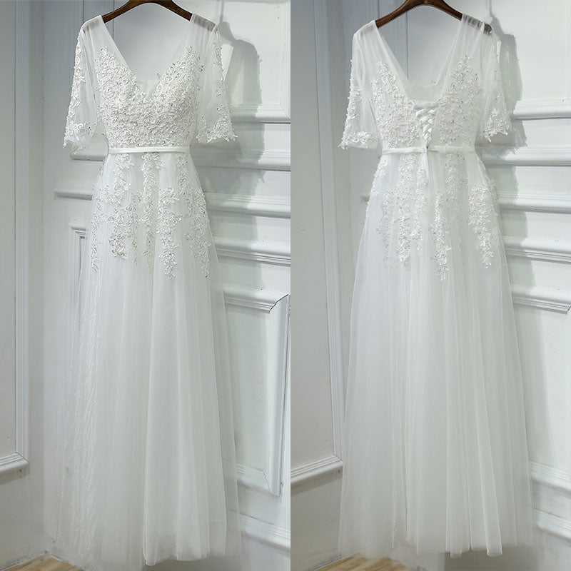 Off White Half Sleeves Tulle Applique Lace Up Back V Neck Long Prom Dresses, BGP005
