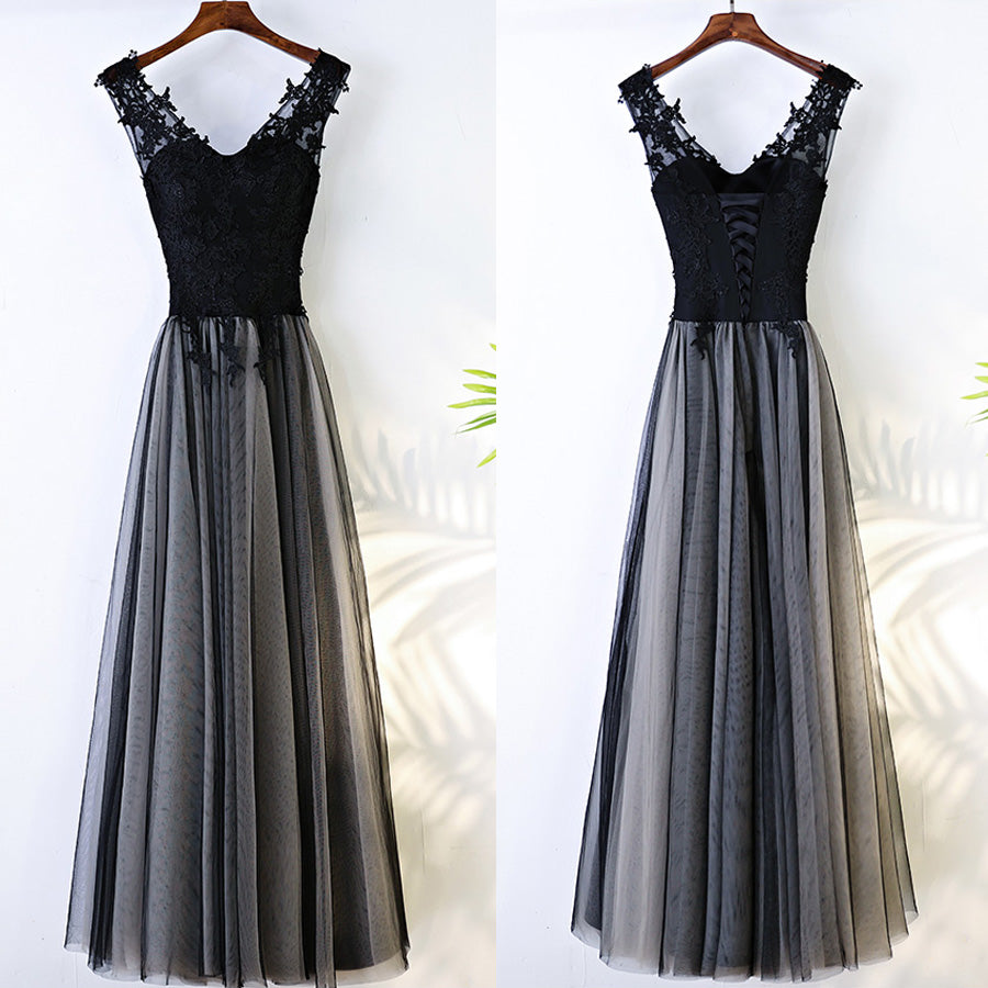 Black V Neck Formal Tulle Applique Lace Up Back Long Prom Dresses, BGP020 - Bubble Gown