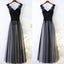 Black V Neck Formal Tulle Applique Lace Up Back Long Prom Dresses, BGP020