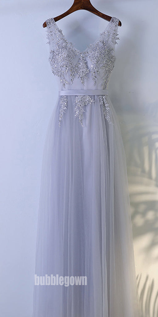 Elegant V Neck Formal Tulle Applique Popular Long Prom Dresses, BGP018