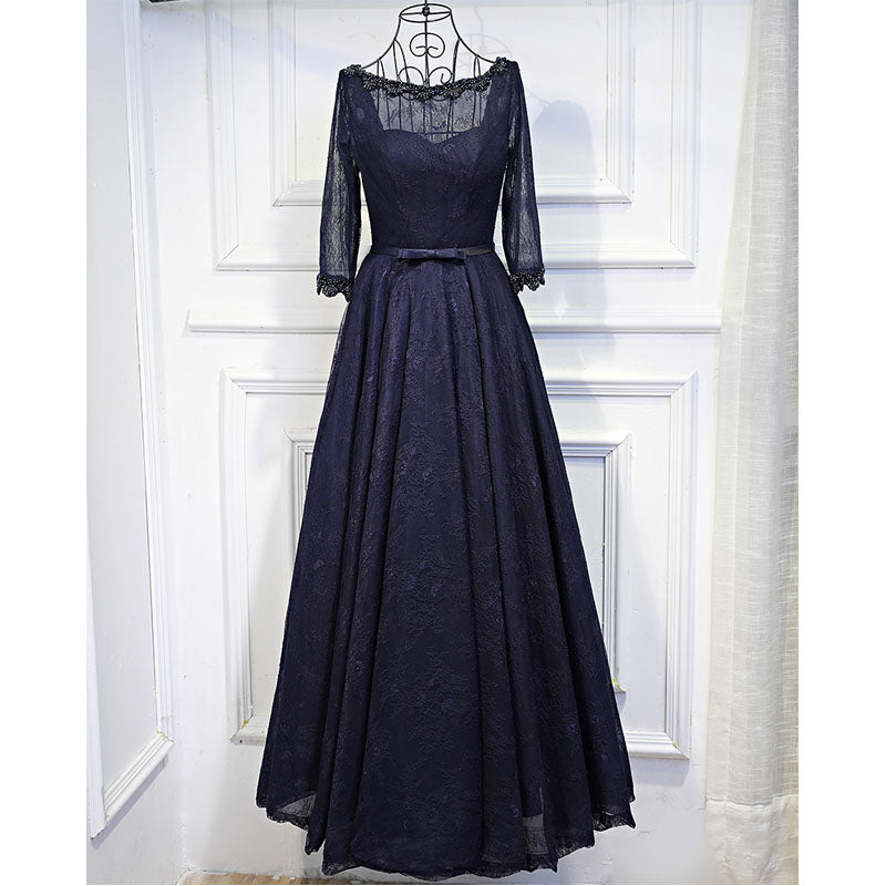 Navy Blue Long Sleeves Lace Up Back Formal Cheap Long Prom Dresses, BGP007