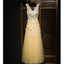 V Neck Yellow Lace Up Back Applique Formal Popular Long Prom Dresses, BGP014