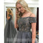 Grey Off the Shoulder Beaded Top Tulle Charming Long Evening Prom Dress, BGP055