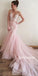 Pink V Neck Applique Tulle V Back Mermaid Inexpensive Long Prom Dress, BGP065