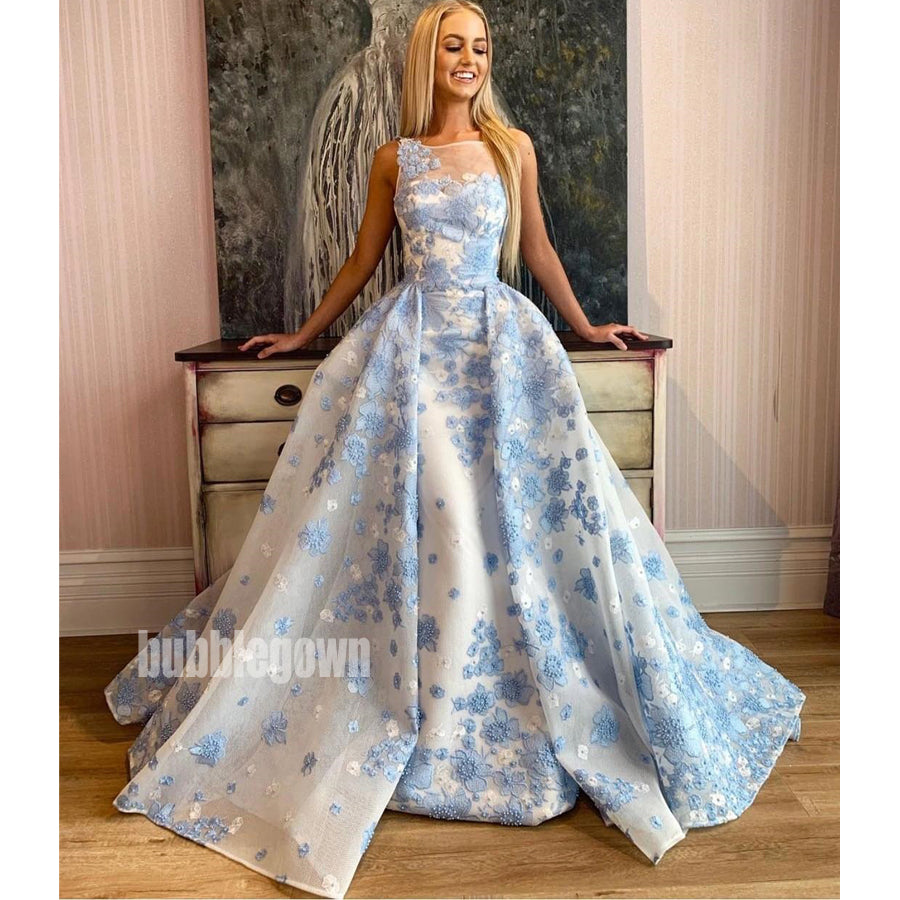 Blue Applique A-line Sleeveless Long Prom Dresses FP1167