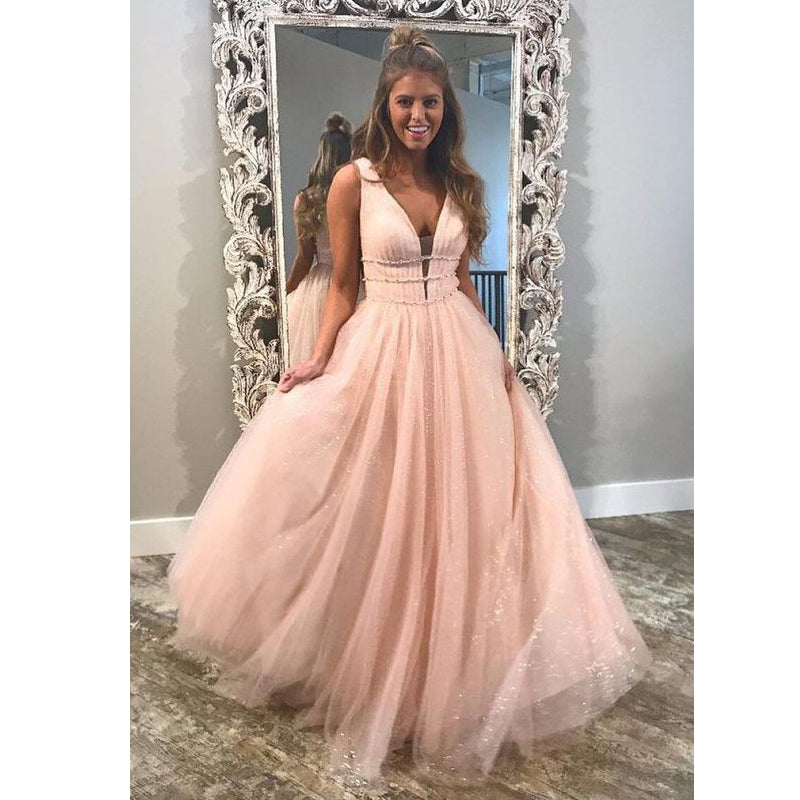 Popular V Neck Blush Pink Charming Long Elegant Formal Prom Dress, BG51487