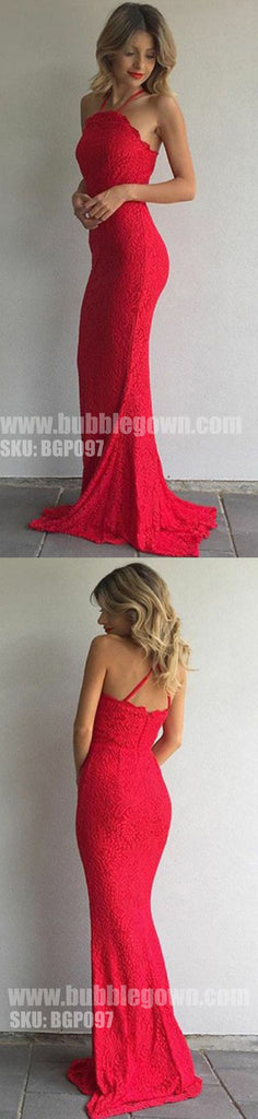 Red Halter Mermaid Sexy Lace Cheap Long Prom Dresses, BGP097