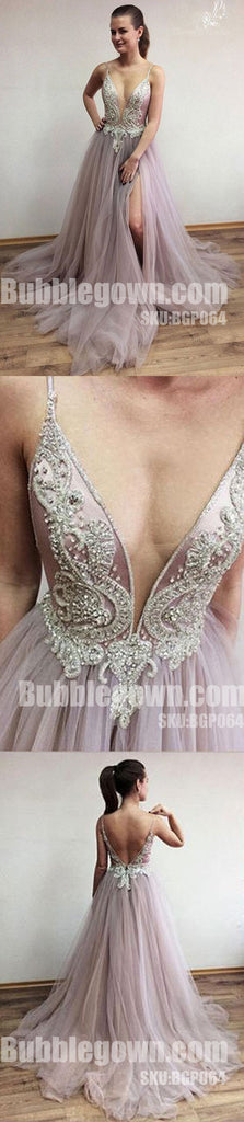 Charming V Neck Side Split Tulle V Back Affordable Long Prom Dress, BGP064 - Bubble Gown