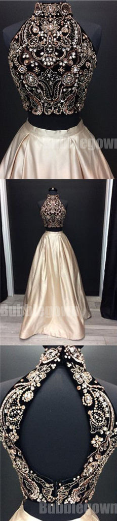 Two Pieces High Neck Beaded Affordable Long Evening Prom Dresses, BGP039