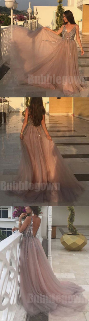 Sexy V Neck Open Back Beaded Tulle Long Evening Prom Dresses, BGP029