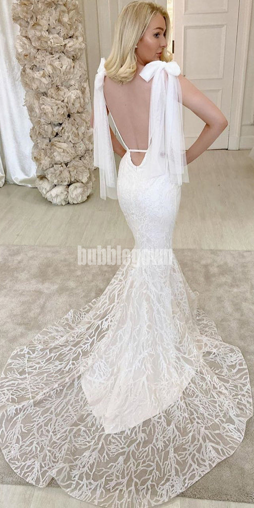 Charming Open-back  Mermaid Lace Bridal Long Wedding Dresses, BGH007