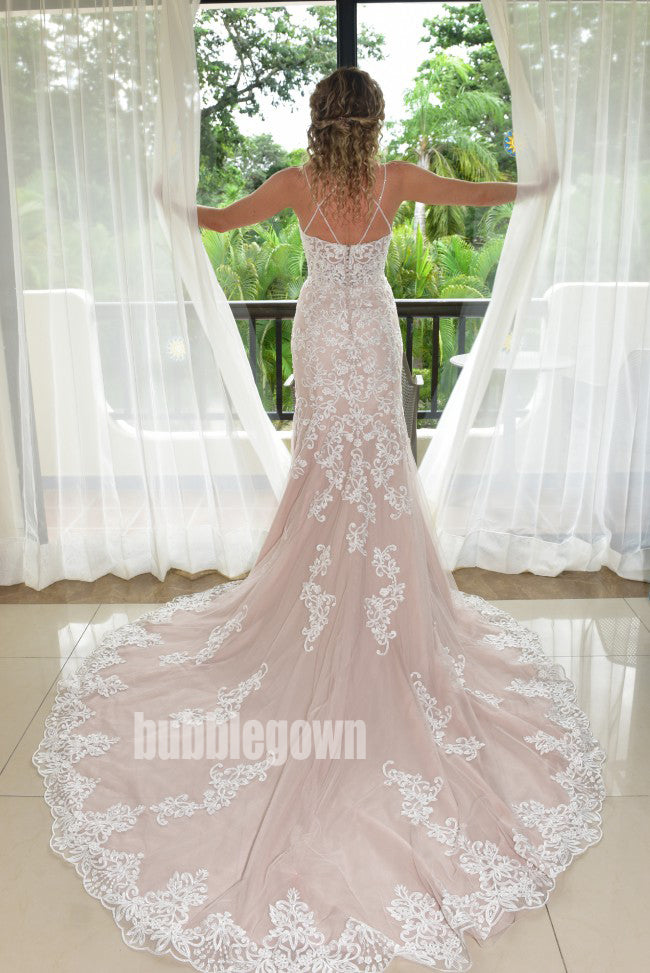 Gorgeous Lace Spaghetti Strap Mermaid  Long Wedding Dresses, BGH023