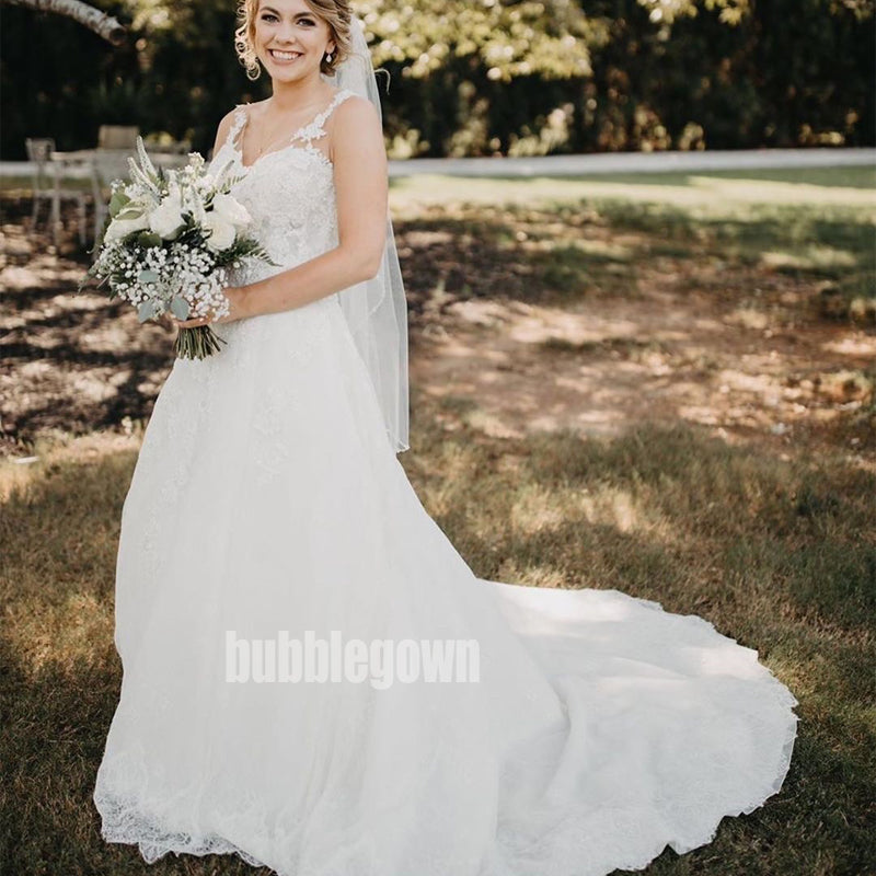 Elegant White V-neck Lace Long Wedding Dresses, BGH076