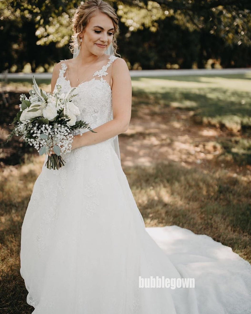 Elegant White V-neck Lace Long Wedding Dresses, BGH076