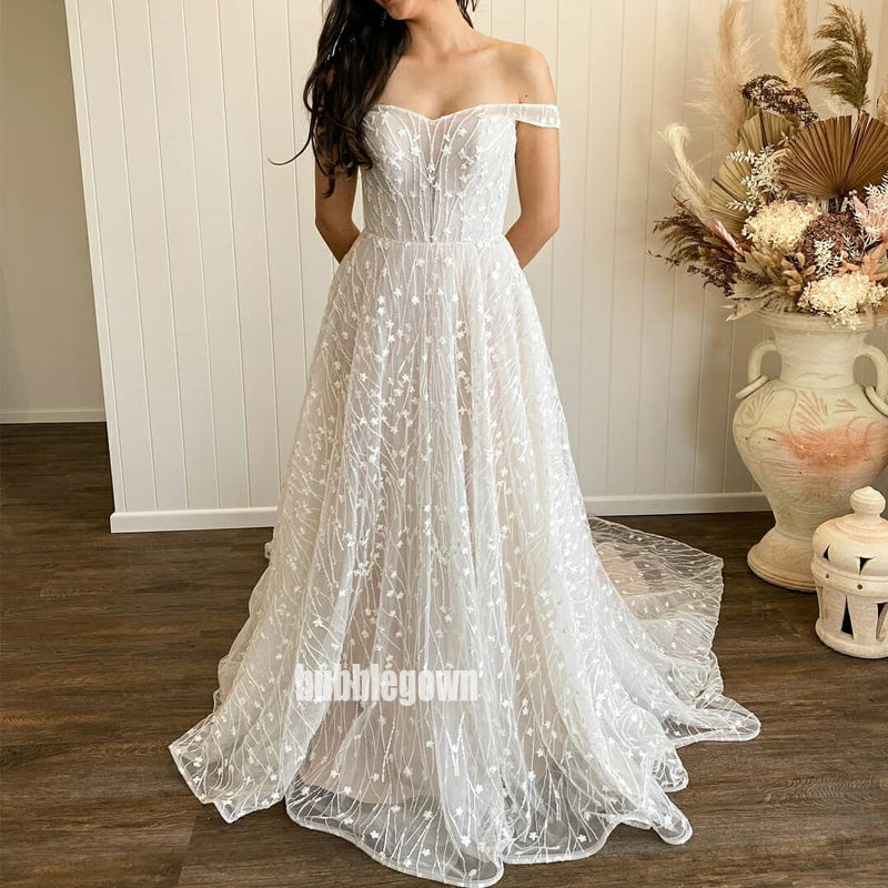 Elegant Off Shoulder Applique Tulle Long Wedding Dresses, BGH080