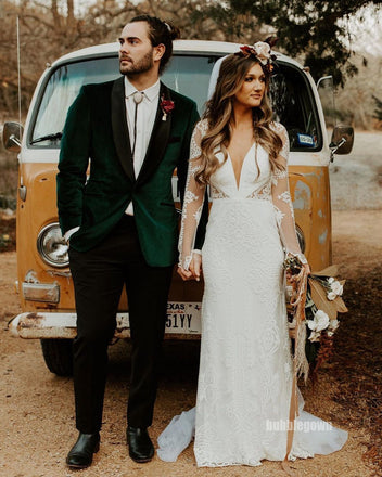 Elegant V-neck Long Sleeves Mermaid Lace Wedding Dresses, BGH087