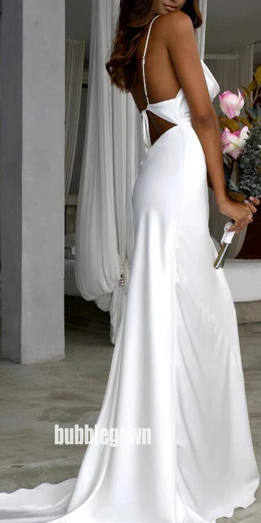 Elegant White Spaghetti Straps Long Wedding Dresses, BGH089