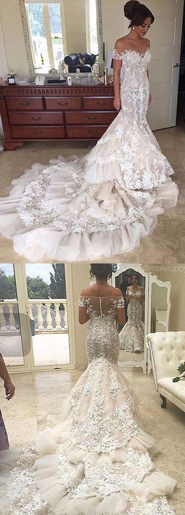 Gorgeous Lace Off the Shoulder Mermaid Long Bridal Wedding Dresses, BGP233 - Bubble Gown