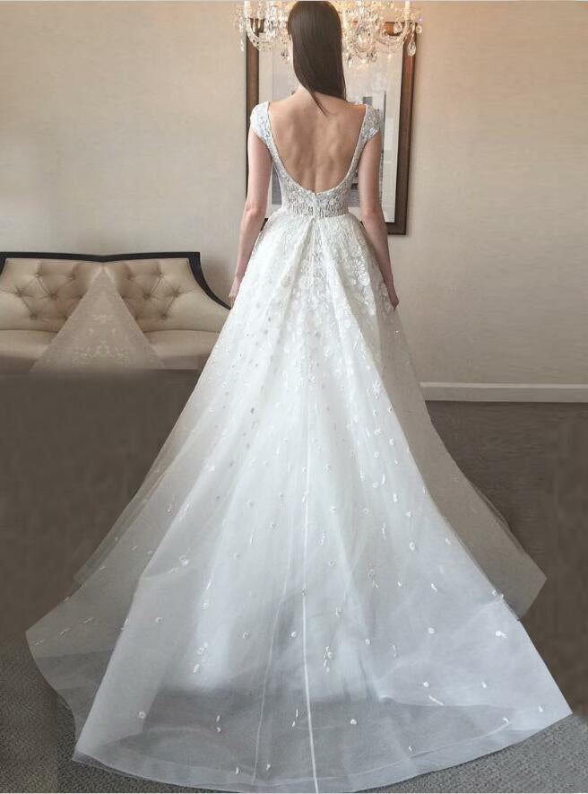 Cap Sleeve Simple Formal A Line Long Beach Wedding Dresses, BGP240 - Bubble Gown