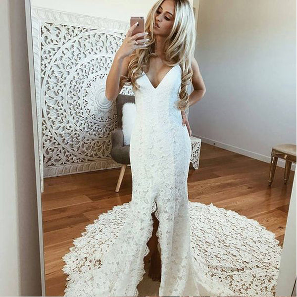 Sexy Mermaid Open Back Side Slit Lace Long Wedding Dresses, BGP036