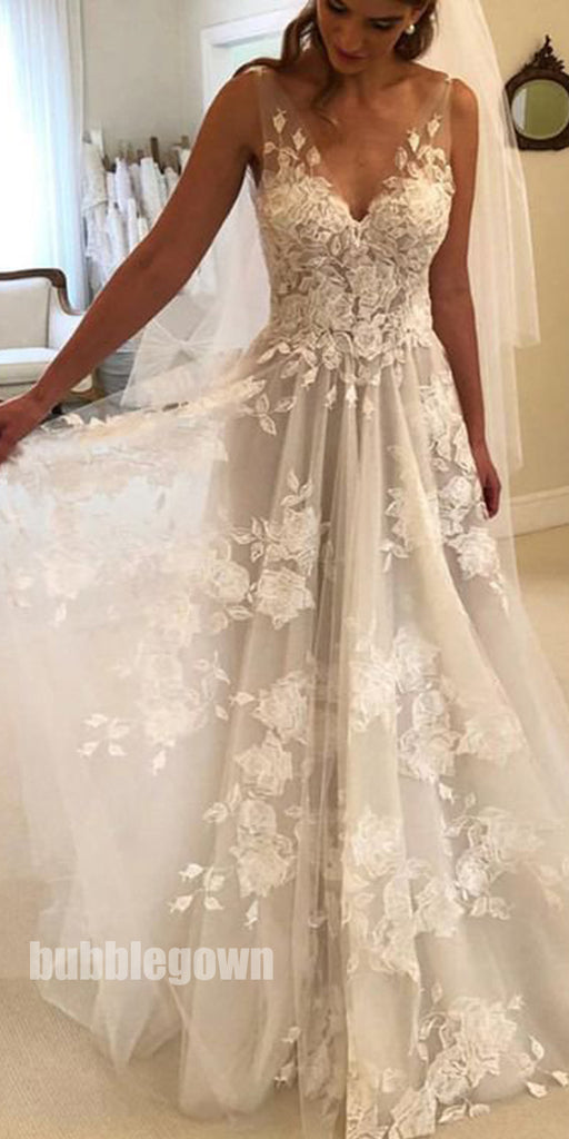 Charming V Neck A Line Cheap Applique Bridal Long Beach Wedding Dresses, BGP264