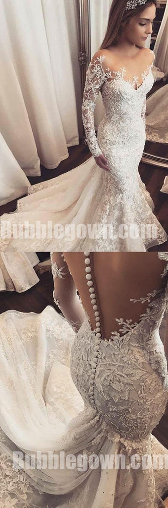 Long Sleeves Mermaid Seen Through Back Elegant Long Wedding Dresses, BGW006 - Bubble Gown
