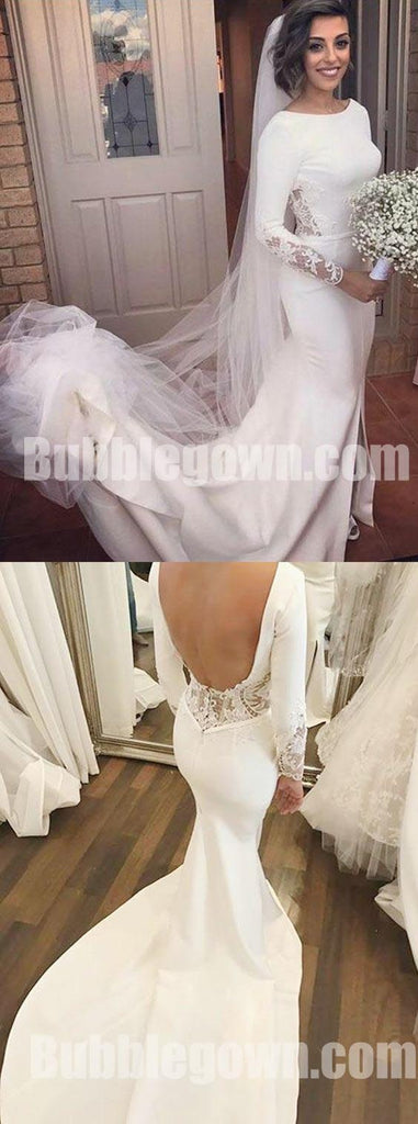 Long Sleeves Mermaid Open Back Elegant Cheap Long Wedding Dresses, BGW007 - Bubble Gown
